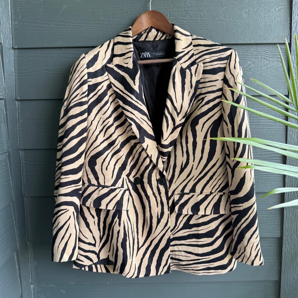 Zara Zebra Print Double Breasted Blazer Womens M Tan Black Glamoratti 80s Office